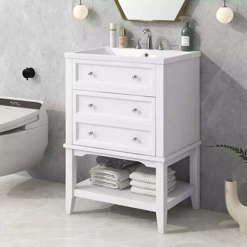MAYEERTY 24 Bathroom Vanity with Sink Storage Drawer Open Shelf Solid Wood Frame White