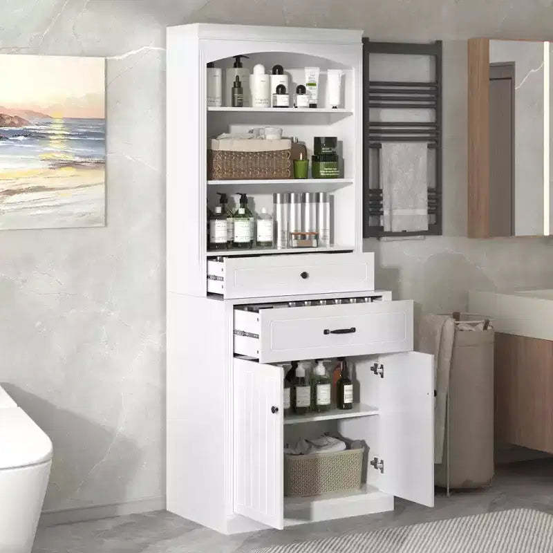 MAYEERTY White Bathroom Cabinet 4 Doors Drawers Adjustable Shelf 6 Open Shelves MDF Combo