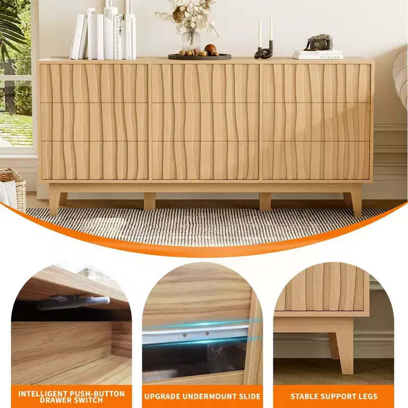 9 Drawer Dresser for Bedroom, 59W Wooden Chest of Drawers, Large Dresser TV Stand, Clothes Storage Organizer for Living Room Hallway Bedroom