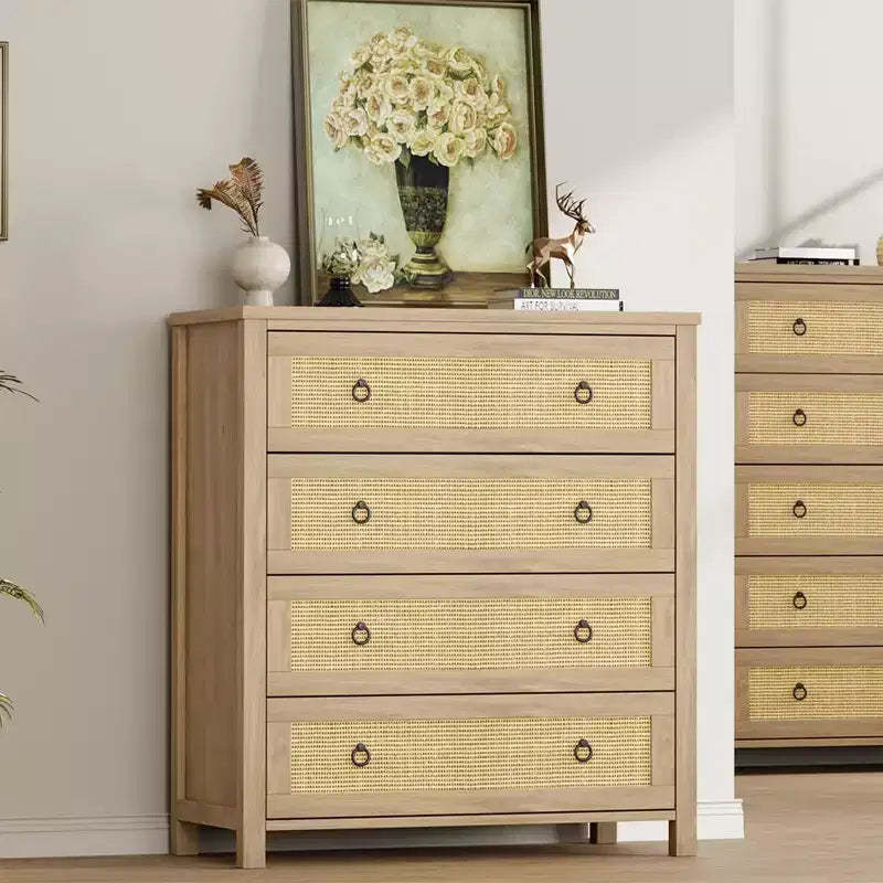 GustoWave 54 Rattan 7-Drawer Dresser, Wood Chest of Drawers with Storage Cabinet for Bedroom, Living Room, Hallway, Oak