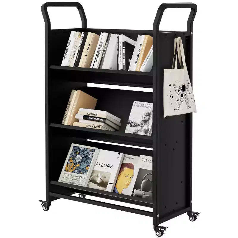Book Cart, V-Shaped Metal Rolling Cart With 4 Lockable Wheels & Side Hooks, 3-Tier Storage Bookshelf