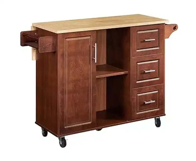 Mobile Kitchen Island Cart w/Drop Leaf Countertop, Rolling Kitchen Island Cart w/3 Drawers, Storage Cabinet, Brown