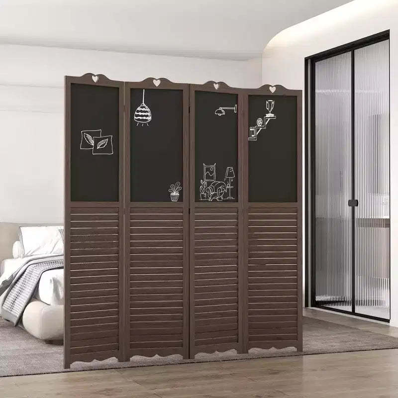 MAYEERTY 4 Panel Folding Room Divider with Blackboard Freestanding Privacy Screen Panels for Bedroom Office Walnut Brwon