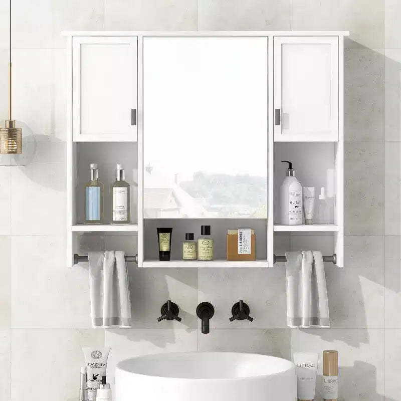 MAYEERTY 28.7 Wall Mounted Bathroom Mirror Cabinet with Concealed Storage 6 Open Shelves Medicine Cabinet White