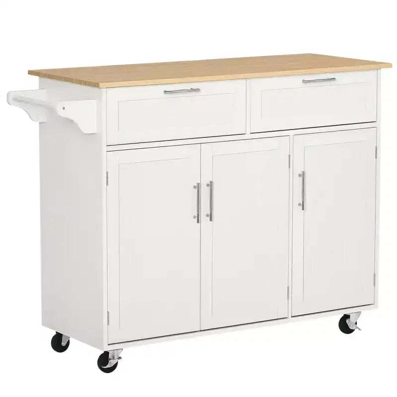 Mobile Kitchen Island with Storage, Kitchen Cart with Wood Top, Storage Drawers, 3-door Cabinets, Adjustable Shelves and Towel Rack
