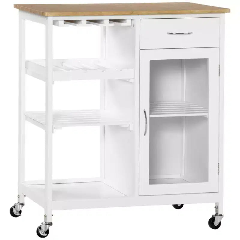 Rolling Kitchen Island with Storage, Kitchen Cart with 4-bottle Wine Rack, Bar Cart with Stemware Holder, Shelves, Drawer and Cabinet