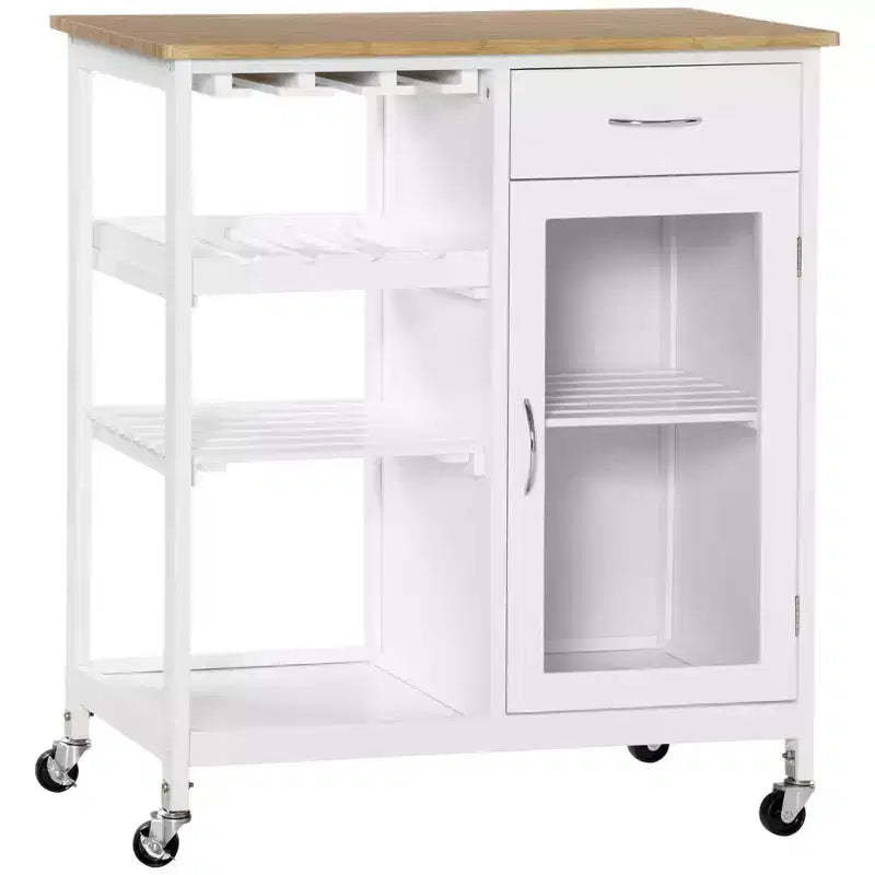 Rolling Kitchen Island with Storage, Kitchen Cart with 4-bottle Wine Rack, Bar Cart with Stemware Holder, Shelves, Drawer and Cabinet