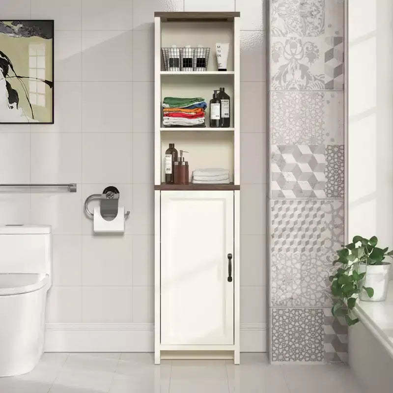 Galano Tall Bathroom Cabinet with Open Shelves in Ivory Knotty Oak 15.6 W  11.6 D  63.7 H