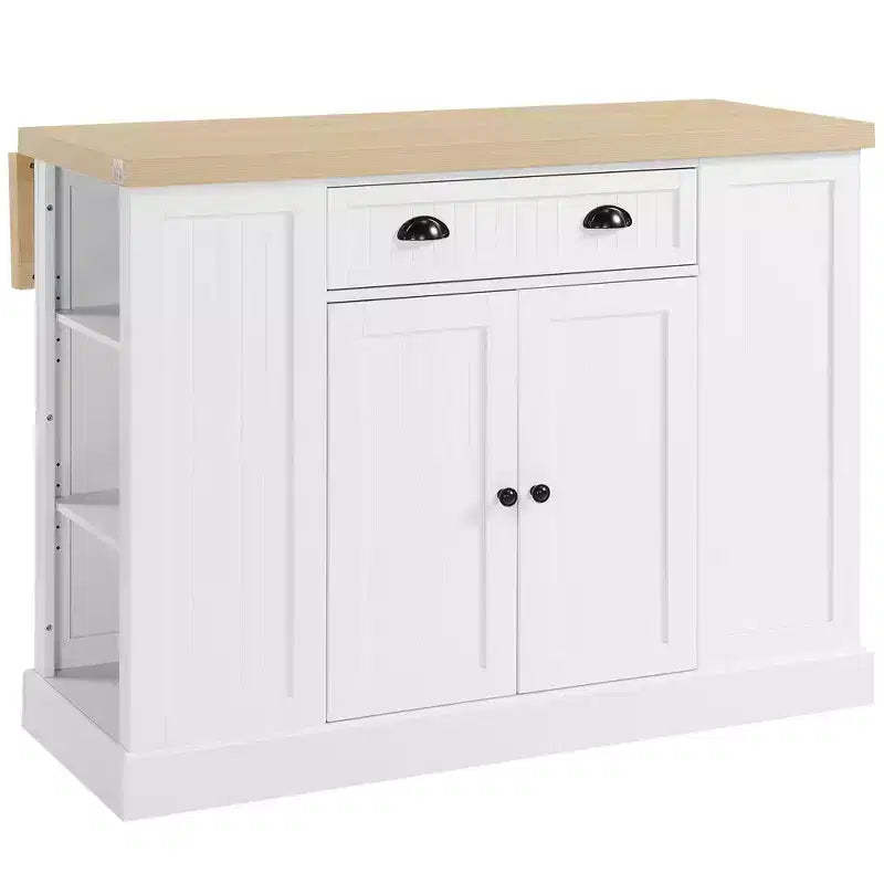 47 Fluted-Style Wooden Kitchen Island, Kitchen Countertop Storage Cabinet with Drop Leaf, Drawer, Open Shelves, Storage