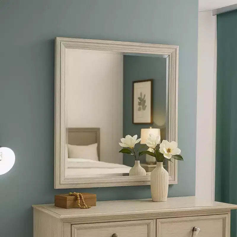 Royal Hampton Dresser Mirror, Beveled Glass, 38x44 Rustic White Solid Wood Frame