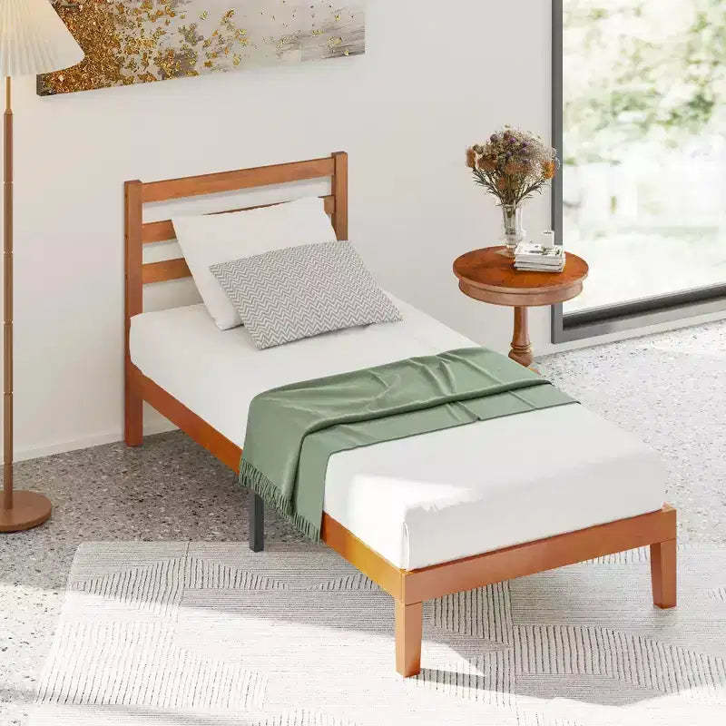 Okak Natural Solid Wood Platform Bed Frame with Wooden Strips Headboard,Primary Bedroom Bed,No Spring Box Needed