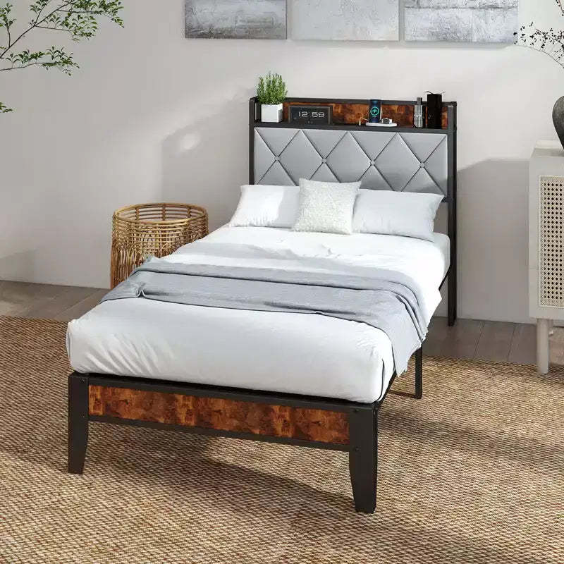 Okak Modern Iron Platform Bed with Charging Port & Storage Headboard,Upholstered Bed Frame for Primary Bedroom
