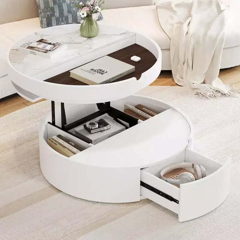 Lift Top Coffee Table with Drawer, Round Center Table with Storage, Modern Wood Adjustable Coffee Table with Storage for Living Room, White