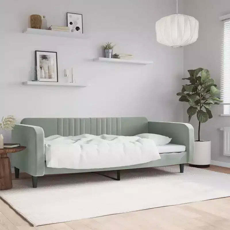 Day Bed Light Grey Velvet, Metal, Plywood, Solid Wood Twin