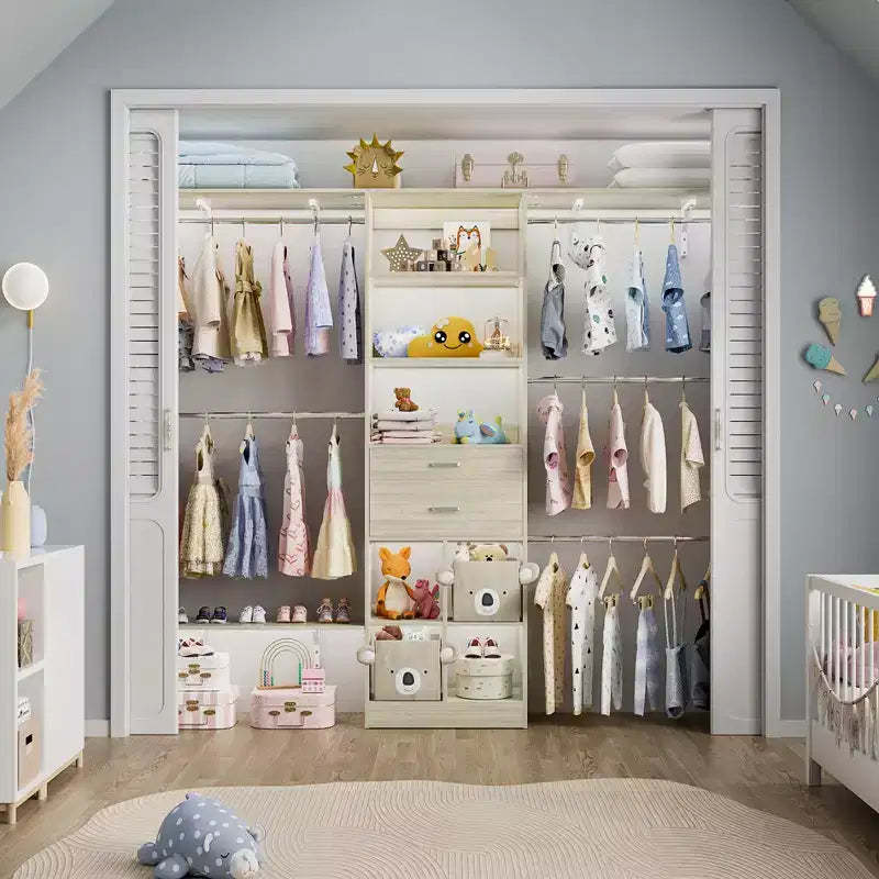 Besiost 8FT Closet Organizer System with Wood Drawers and Cubbies, White Wardrobe with 5 Hanging Rods
