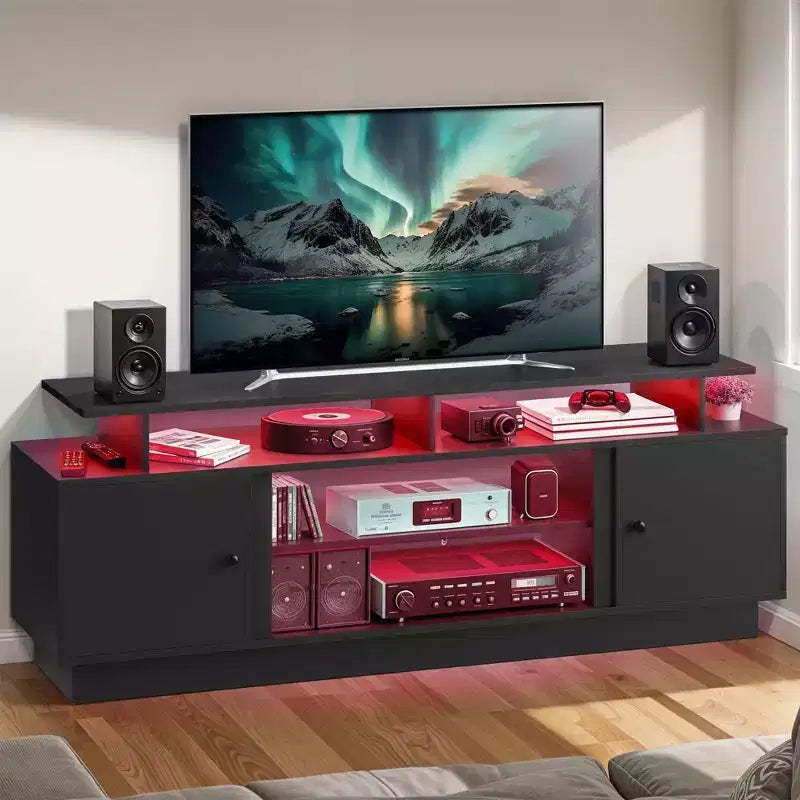 Modern TV Stand for 65/ 75 Inches, LED Entertainment Center with Storage Cabinets &Movable Partition,TV Console for Living Room, Black
