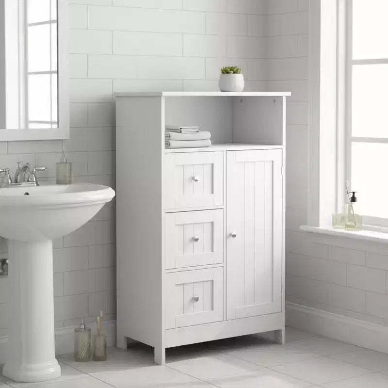 Homy Casa Standing Storage Cabinet with 3 Drawers & Single Door, White