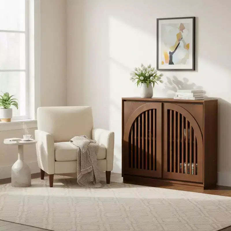 Homy Casa Solid Wood & MDF Storage Cabinet with Dual Slatted Doors for Entryway, Living Room  Brown
