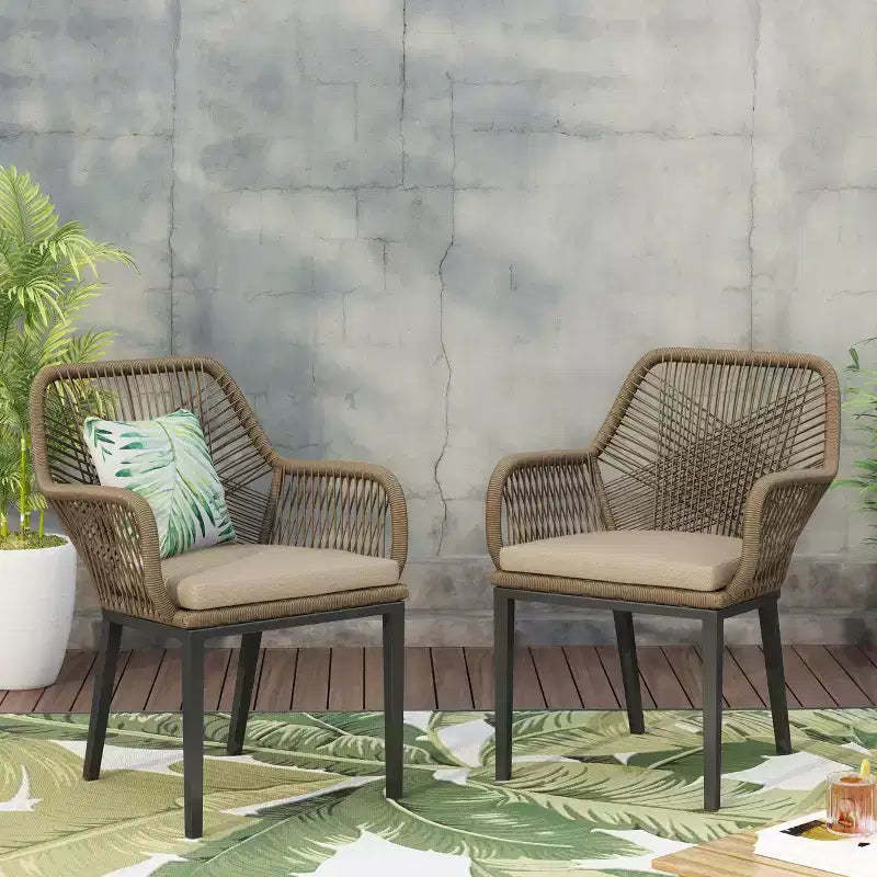 Okak Lawn Chairs with Woven Backrest and Cushions, Outdoor Chair with Fixed Armrests, Patio Chair for Deck, Backyard, Garden, Brown+Beige