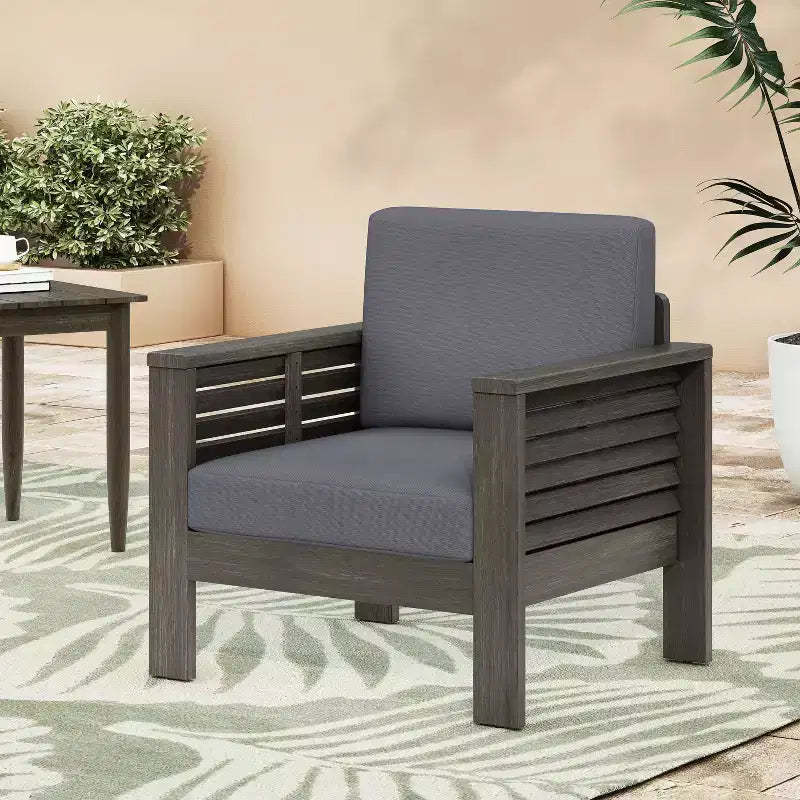 Okak Outdoor Acacia Wood Club Chairs with Cushions, Farmhouse Porch Chairs with Fixed Armrest, Patio Chair for Backyard, Garden