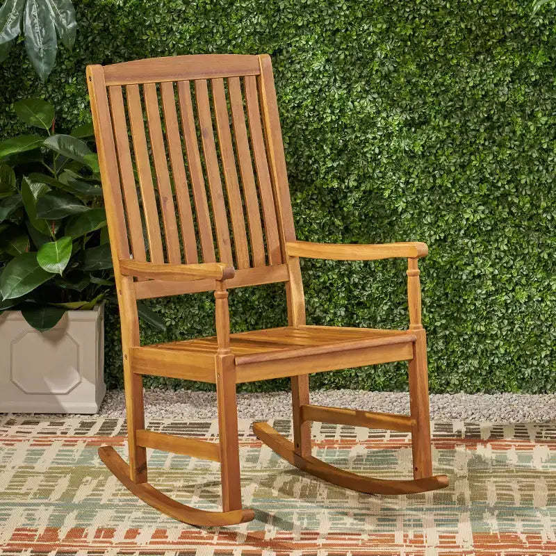 Okak Acacia Wood Outdoor Rocking Chairs with 250lbs Support, Porch Chairs with High Back and Fixed Arms, Outside Chairs for Deck, Lawn, Teak