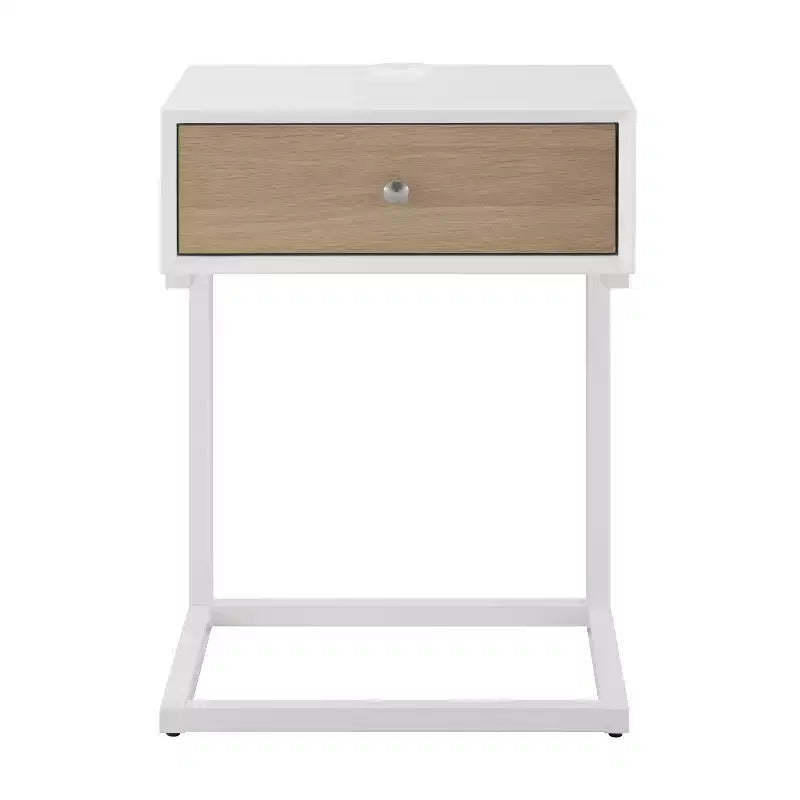 HomeRoots 25 White and Natural Wood and Steel End Table With Drawer And USB Port