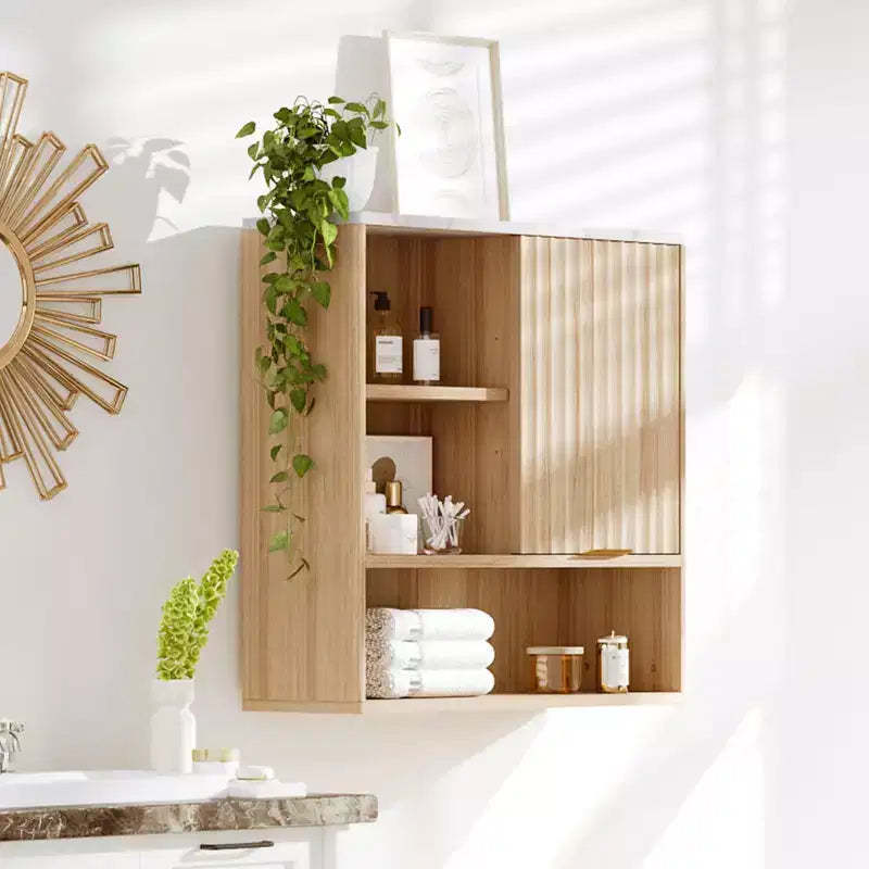 23Modern Fluted Wall Cabinet with Sliding Door, Faux Marble Top & Adjustable Shelf, Curved Medicine Cabinet for Bathroom or Laundry Room