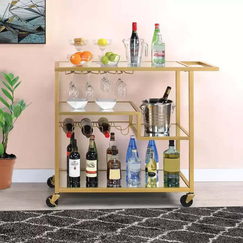 Royal Hampton Metal Framed Serving Cart with Wine Bottle Holder and Stemware, Gold and Clear