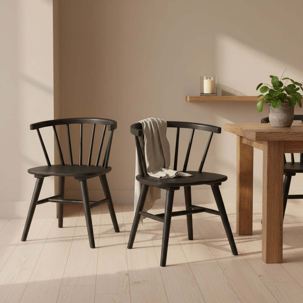 Royal Hampton Side Dining Chair Set of 2, Spindle Back, Shaker Legs, Black Rubberwood