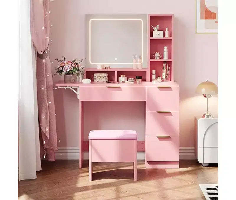 Makeup Vanity Set, Vanity Desk with Mirror , Makeup Table with Storage Stool, Drawers, Open Shelves, Wooden Dressing Table for Bedroom, Pink