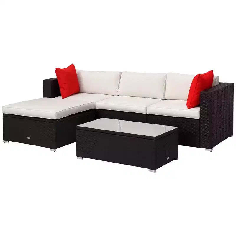 5-Piece Patio Furniture Set with Cushions, Outdoor PE Rattan Wicker Sofa Set, Sectional Furniture with Pillows, Glass Coffee Table for Garden