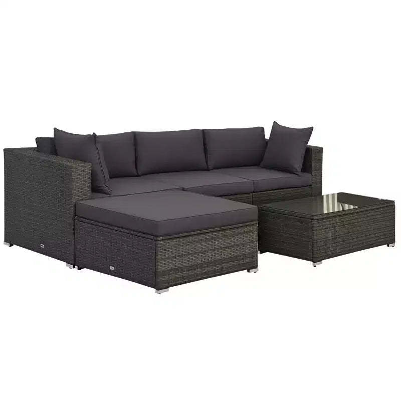 5-Piece Outdoor Sectional Furniture, Patio Sofa Set, PE Wicker Couch, Cushions, Pillows, Ottoman, Table