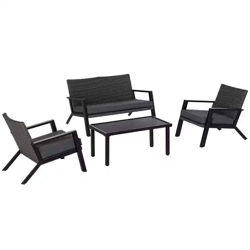 4 Piece Patio Furniture Set, 2 PE Wicker Chairs, Loveseat Sofa, Outdoor Coffee Table, Soft Cushions, Couch & Armchairs for Backyard, Garden