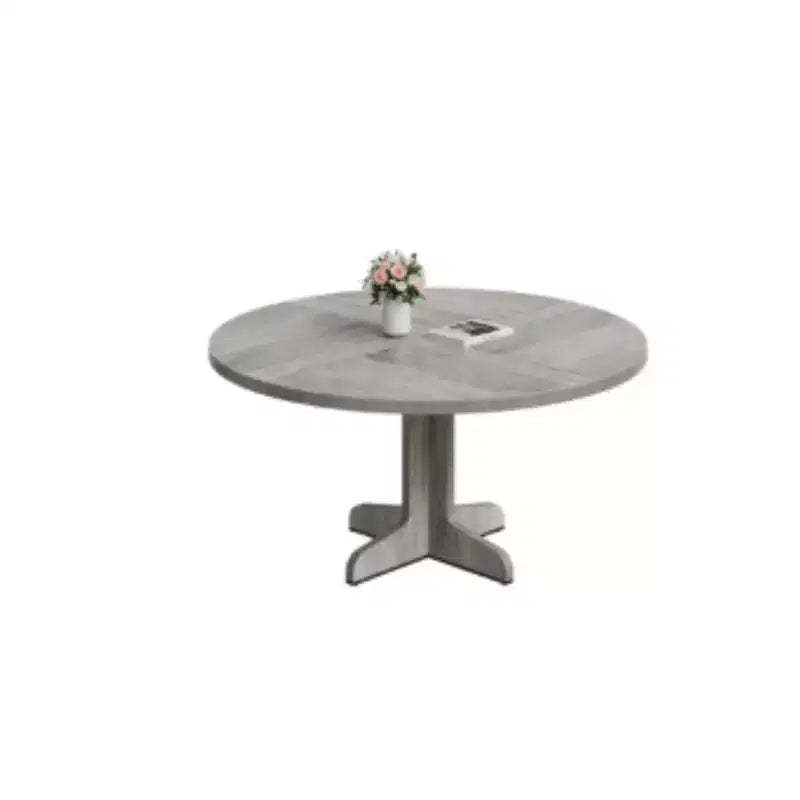 Gray Round Dining Table with Curved Legs - Wood Panel Construction Suitable for Dining Room
