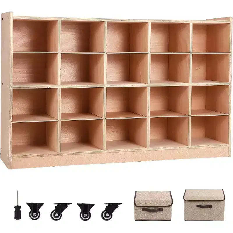 Classroom Coat Locker with Cubbies, Double Side Coat Hooks, Anti-tip Anchors, Casters, Hooks and Storage Boxes,for Classrooms Playrooms