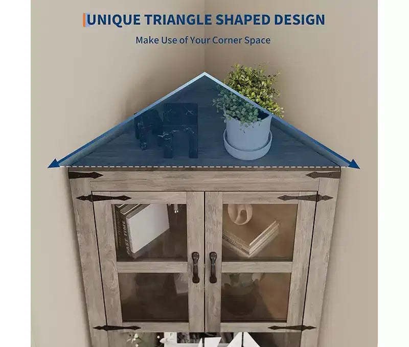 Corner Cabinet, Tall Corner Cabinet with Barn Door & Adjustable Shelves, Corner Storage Cabinet for Living Room, Kitchen, Bathroom, Washed Grey