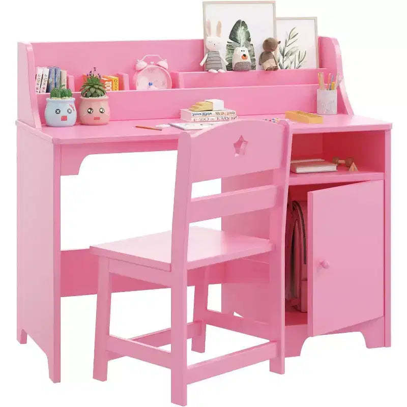 Kids Desk and Chair Set with Hutch & Storage Cabinet, Wooden Study Table for Children, Student Writing Desk for Bedroom or Study Room, Pink