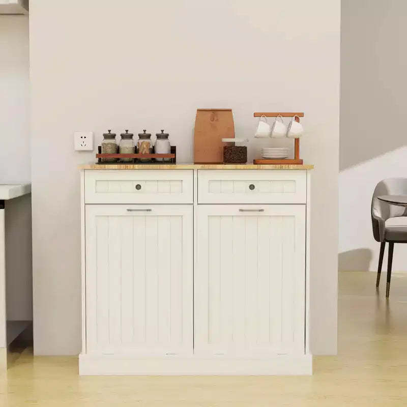 MAYEERTY White Kitchen Trash Cabinet, 2 Drawers + 2-Compartment Tilt-Out Organizer for Waste Sorting