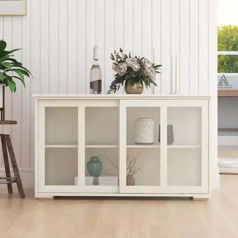 MAYEERTY White Kitchen Storage Cupboard, Glass Door Design for Display & Storage