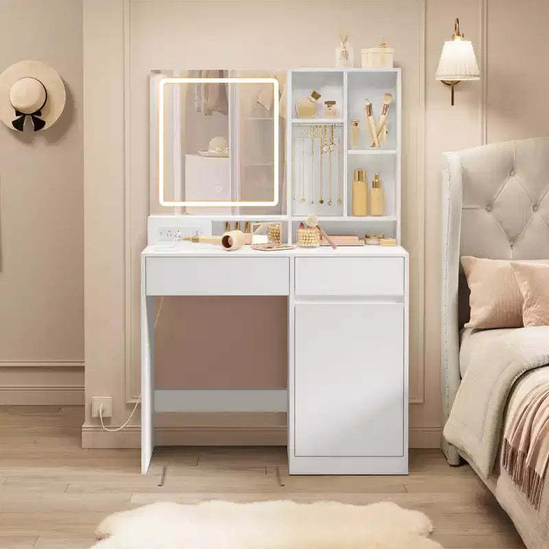 35.4-Inch Vanity Desk with LED Mirror and Charging Station, Makeup Table Set with Stool and Jewelry Storage, Cloud White