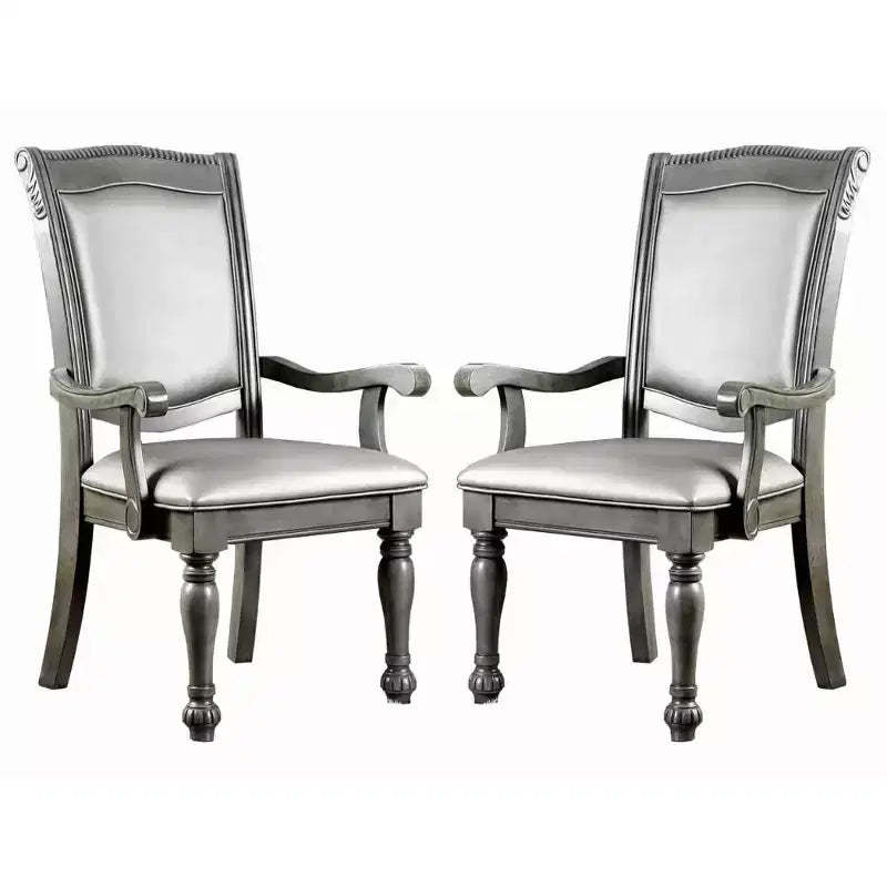 Royal Hampton Style Wooden Arm Chair With Leatherette Cushions In Gray, Set Of 2