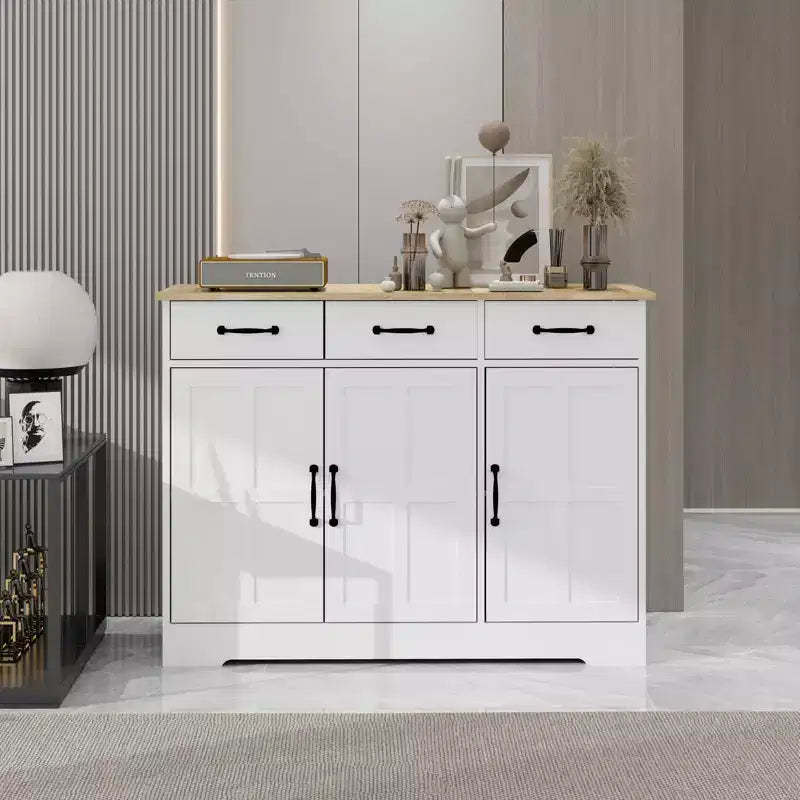 MAYEERTY White Farmhouse Buffet Cabinet, 3 Drawers 3 Doors Storage Sideboard for Dining Room