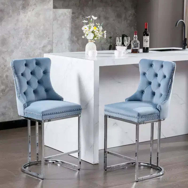Okak 26 Inch Counter Stools Set of 2, Modern Velvet Barstools with Button Back&Rivet Trim, Farmhouse Kitchen Island Chairs with Chromed Metal Base