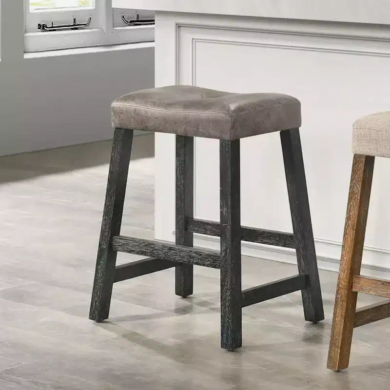 Okak 25 Inch Counter Stools Set of 2, Rustic Backless Barstools with Leather Seat and Distressed Finish, Space-Saving Farmhouse Seating