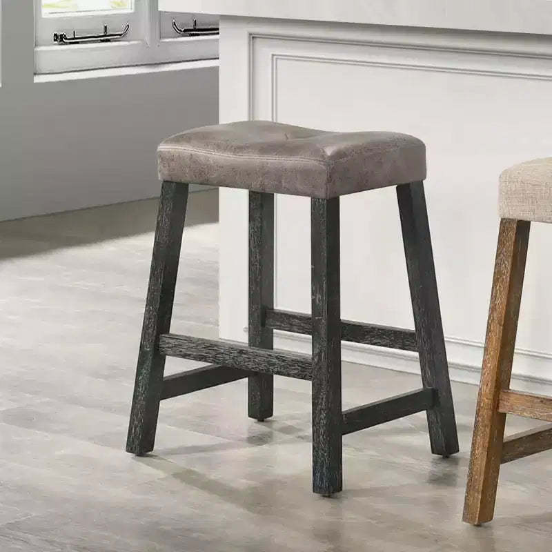 Okak 25 Inch Counter Stools Set of 2, Rustic Backless Barstools with Leather Seat and Distressed Finish, Space-Saving Farmhouse Seating
