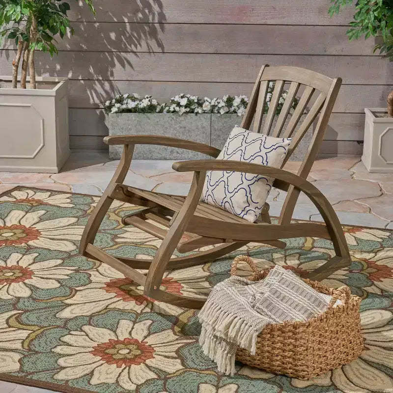 Okak Outdoor Acacia Wood Rocking Chair with Retractable Foot Panel, Patio Accent Chair with Fixed Armrests, Patio Rocking Chairs for Porch, Gray