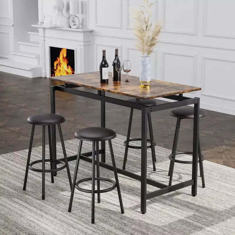 Okak 5-Piece Counter Height Set, Kitchen Bar Table with 4 Matching Stools, Complete Dining Solution for Kitchen, Dining Room and Home Bar, Brown