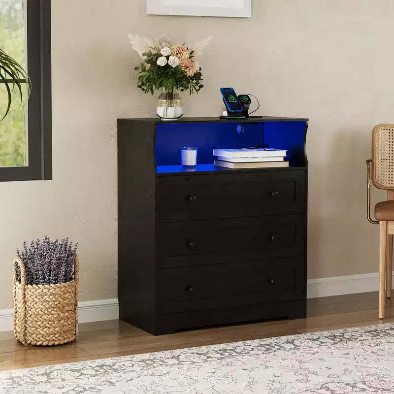 3-Drawer Small Dresser with Charging Station, Modern Wooden Chest for Bedroom, Compact Storage Organizer for Closet, Living Room & Hallway
