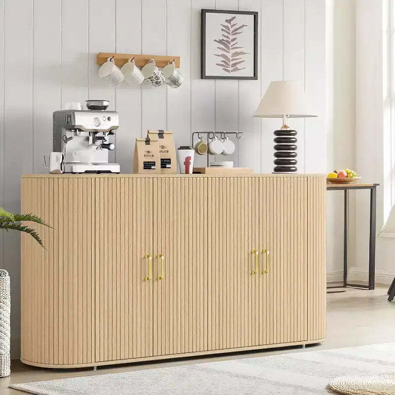 63 Modern Sideboard Buffet Cabinet, Fluted Accent Adjustable Shelves & Durable Wood Feet, Oak Finish Coffee Console for Living Room, Kitchen