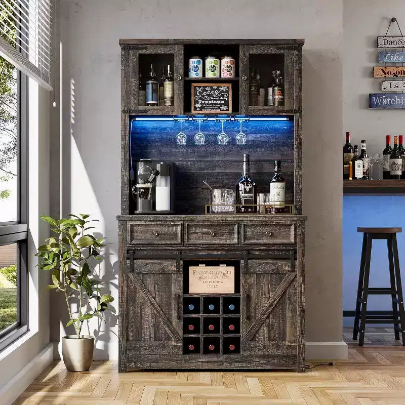 72in Tall Modern Farmhouse Coffee Bar Cabinet, Kitchen Buffet with Sliding Barn Doors, LED Lights, Power Outlets, Drawers, Wine Glass Rack